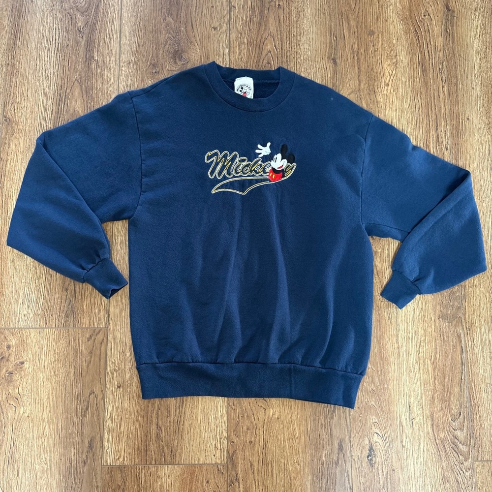 VTG USA Disney Mickey Navy Blue Embroidered Crewneck Sweatshirt Womens Large 90s